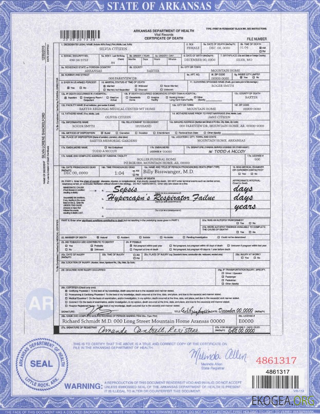 Modèle de certificat de décès de l'État américain de l'Arkansas au format PSD